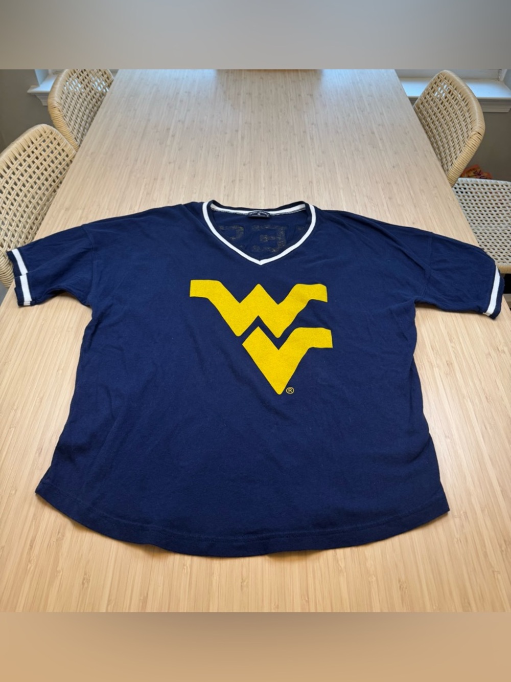 West Virginia Mountaineers Navy V-Neck 100% Cotton Knot Jersey. Boxy fit